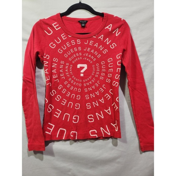 90s/Y2K/VTG Guess Jeans Spell Out Logo Longsleeved Red‎ Shirt Med/Large Womens - Picture 1 of 8
